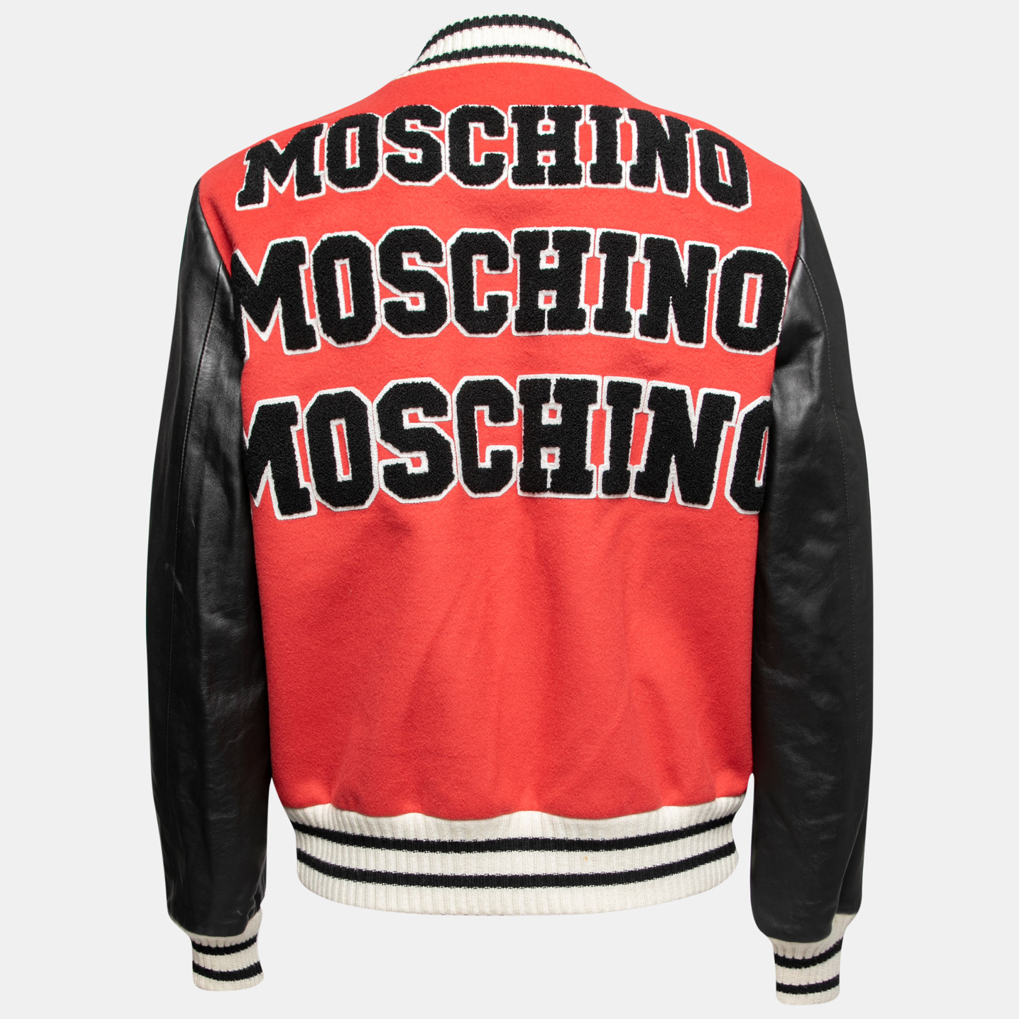 

Moschino Couture Red Wool & Leather Flocked Logo Varsity Bomber Jacket