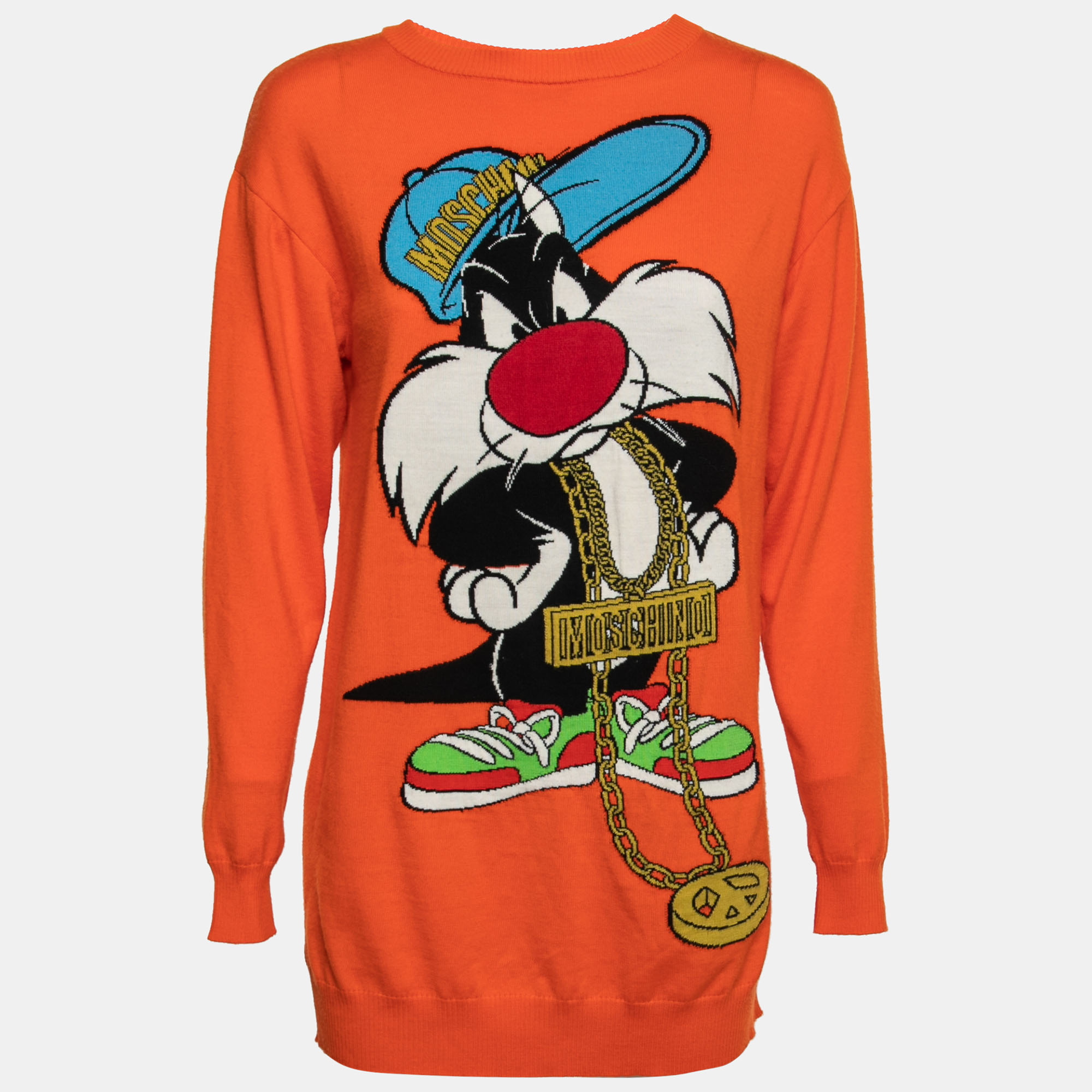 Pre-owned Moschino Couture Orange Looney Tunes Print Wool Sweater Xs
