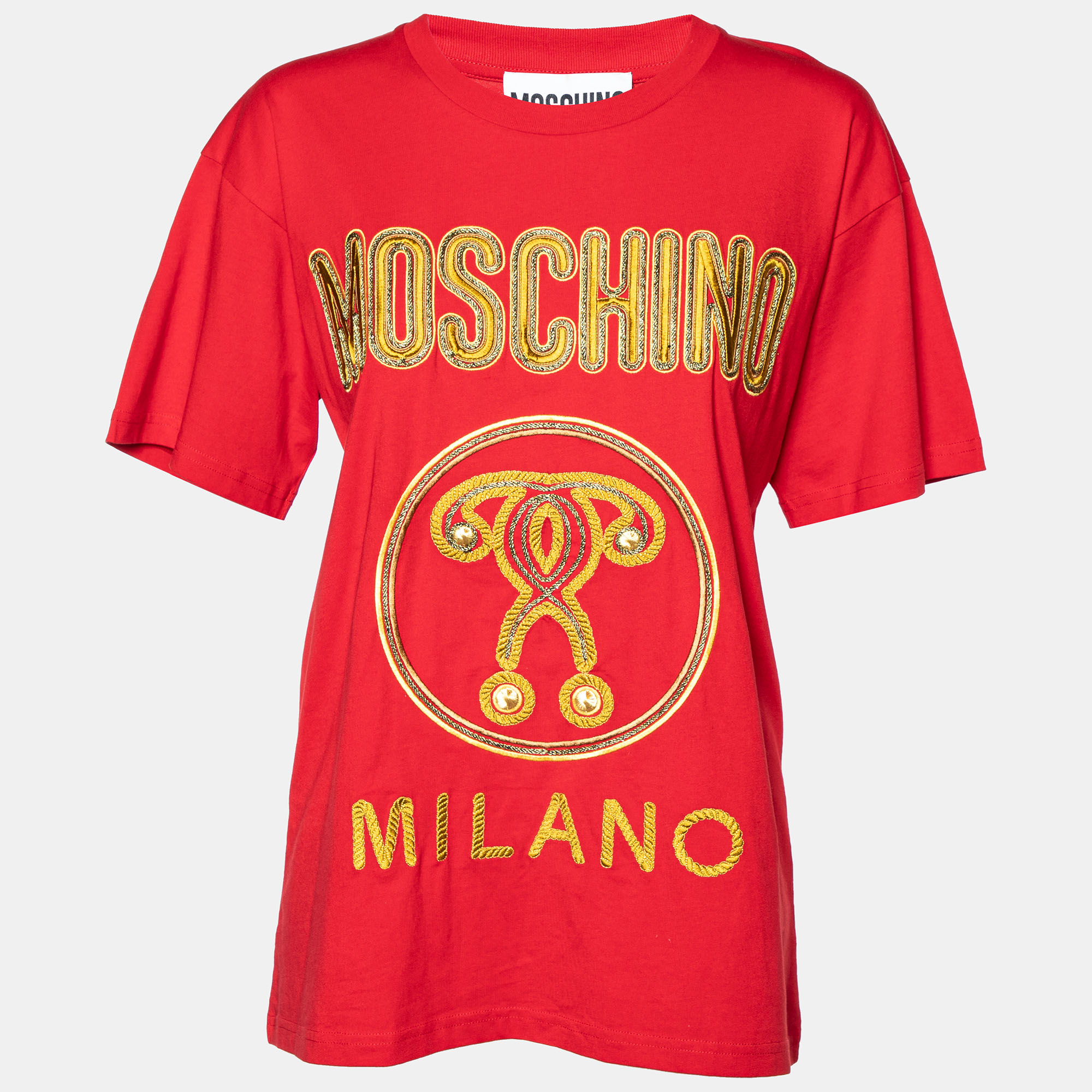 

Moschino Couture Red Cotton Knit Logo Embroidered Oversized T-Shirt