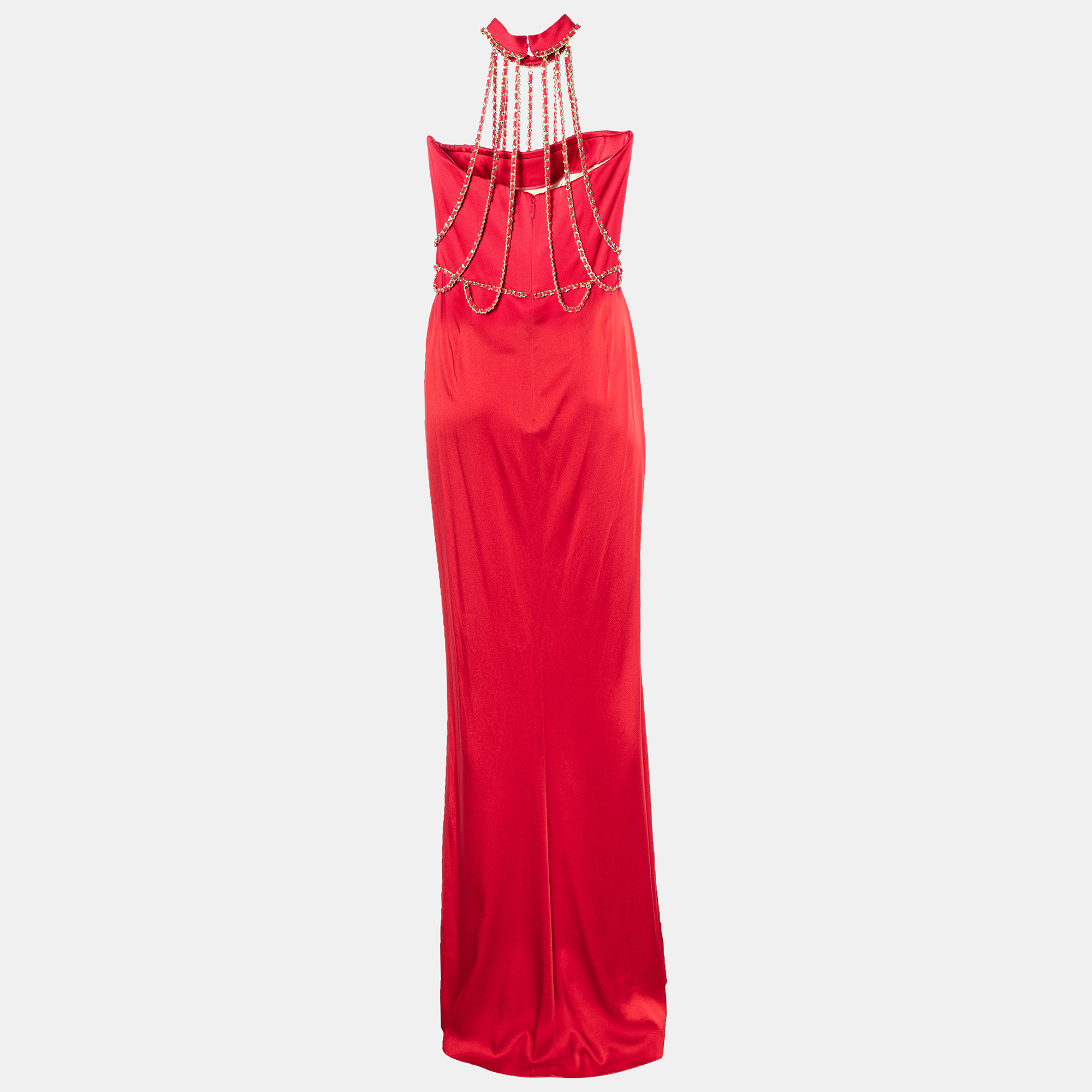 

Moschino Couture Red Sateen Neck Chain Detail Evening Gown