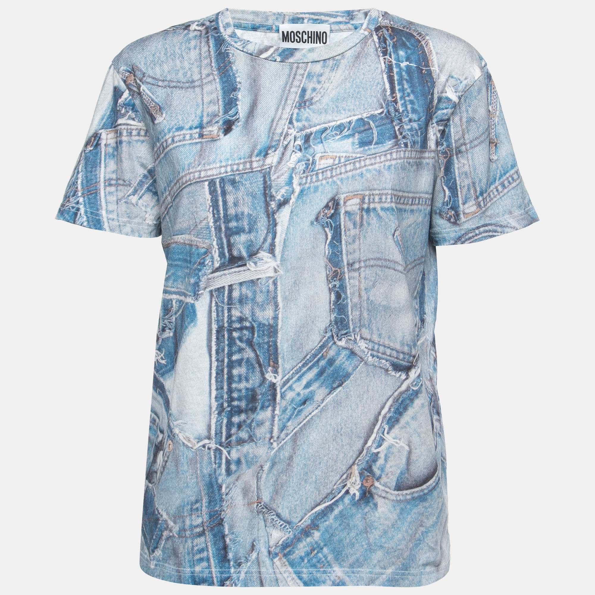 

Moschino Couture Blue Denim Print Cotton Crew Neck T-Shirt