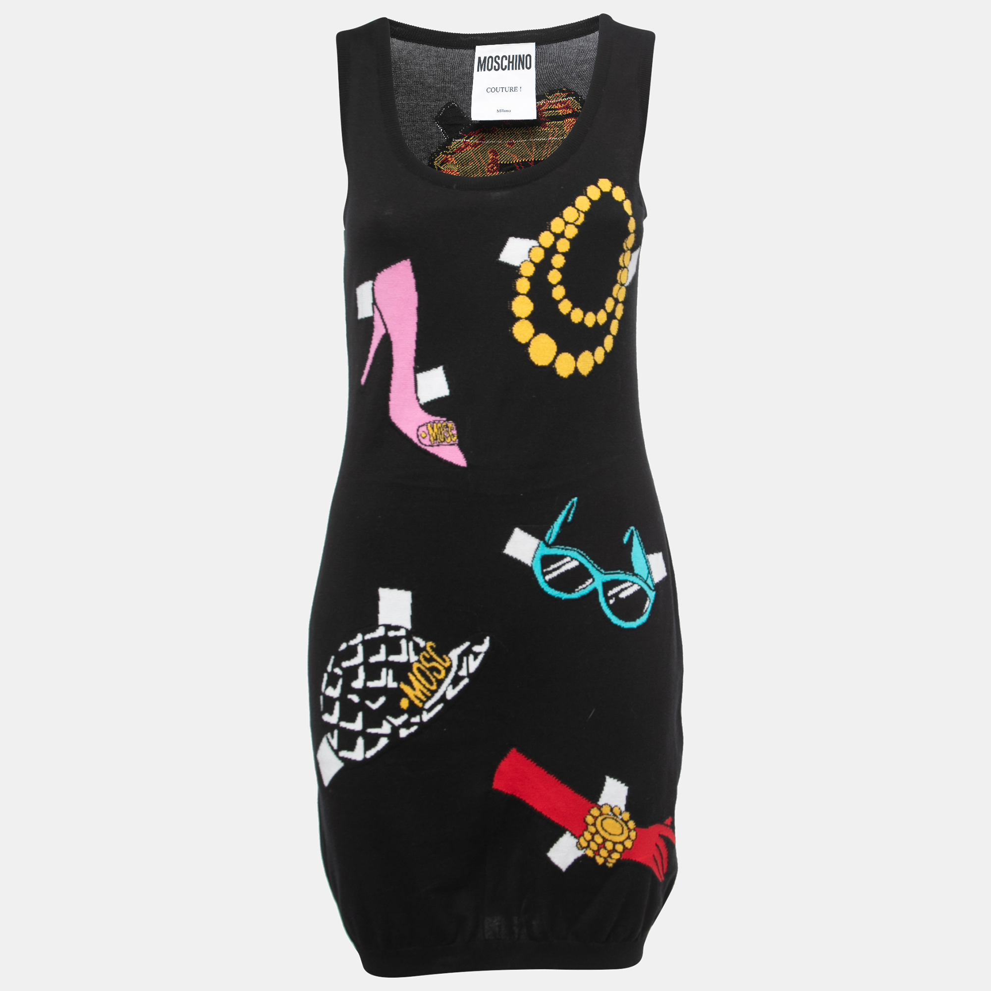 Pre-owned Moschino Couture Black Fashion Patterned Knit Sleeveless Mini Dress M