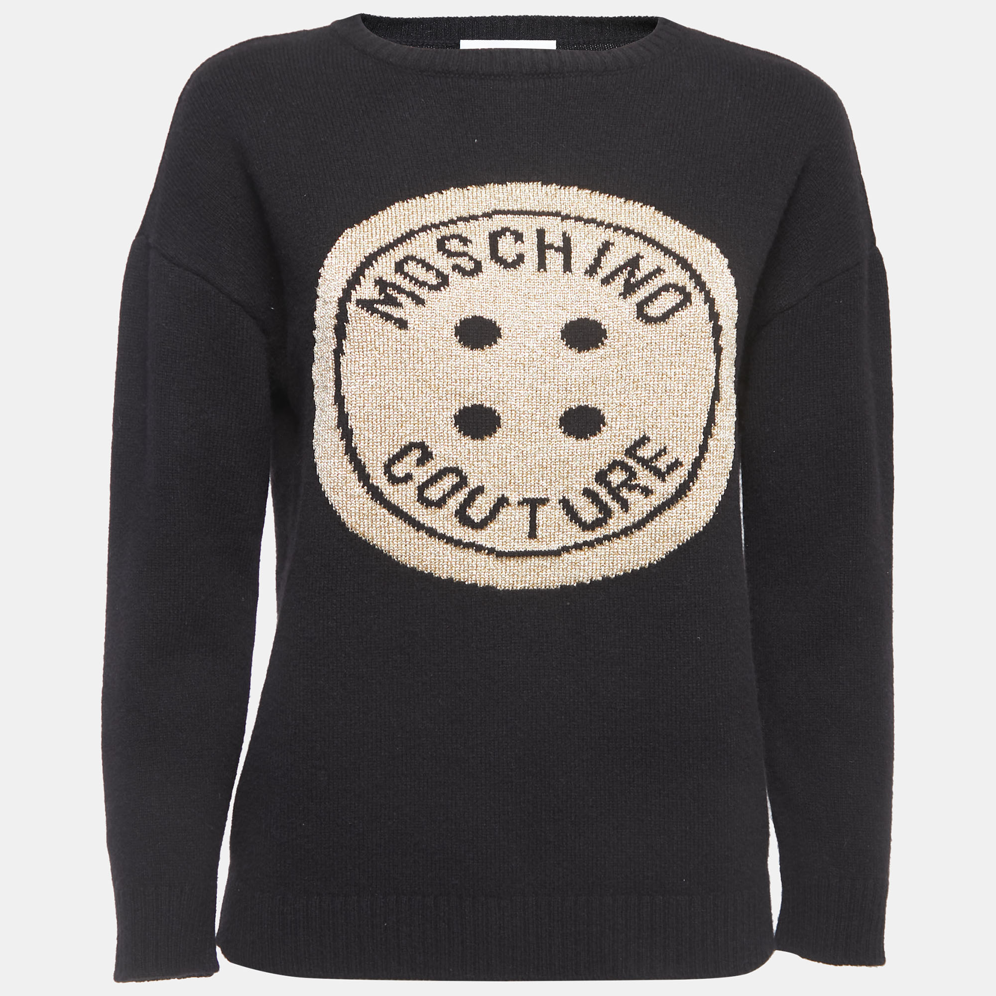 Pre-owned Moschino Couture Black Logo Patterned Wool Blend Sweater S