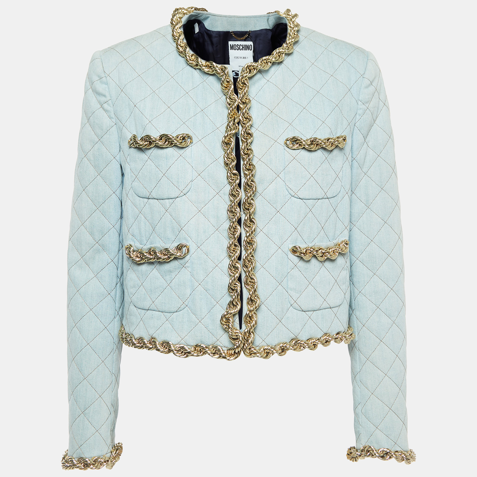 

Moschino Couture Blue Faded Denim Quilted Chain Detail Jacket