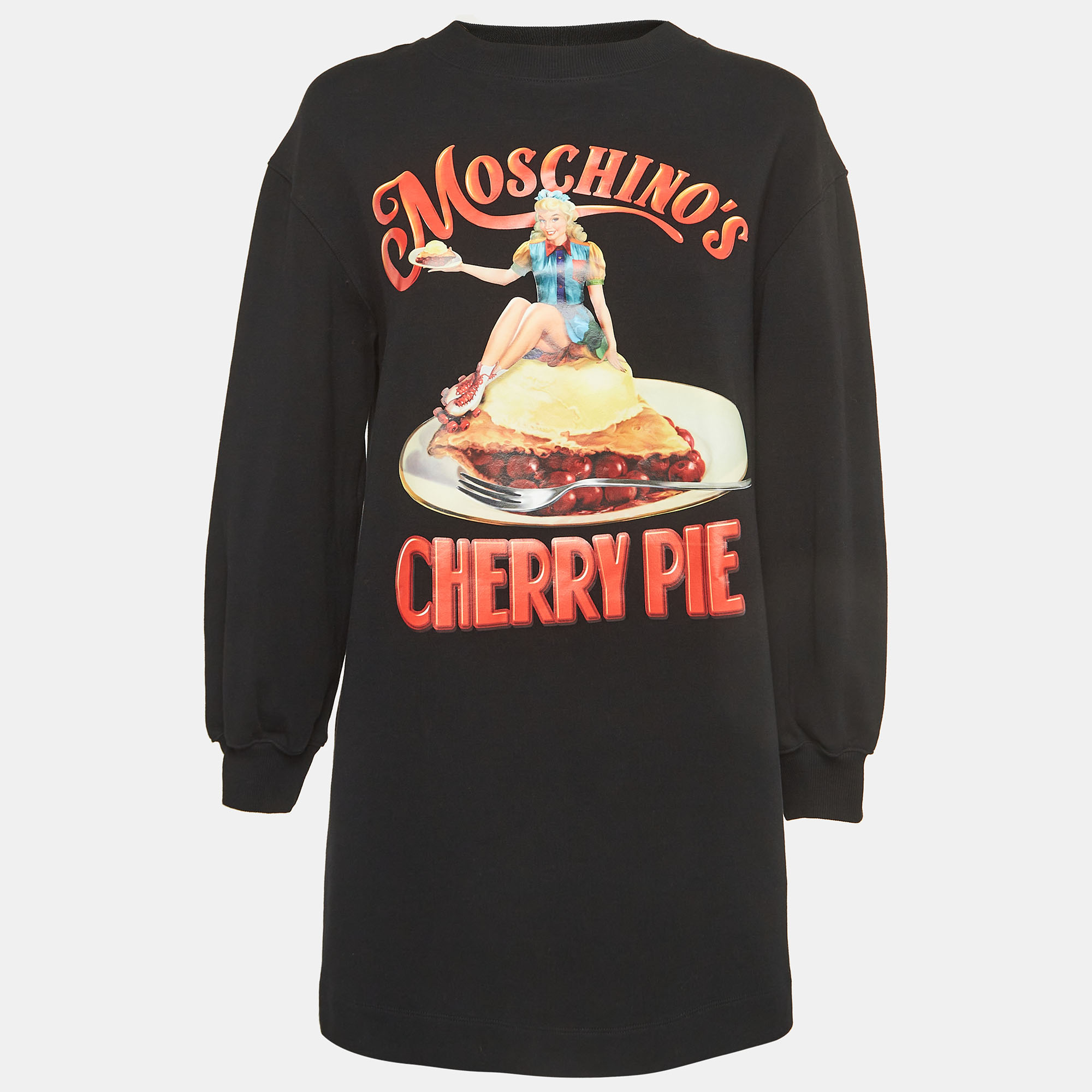 

Moschino Couture Black Cherry Pie Print Cotton Long Sleeve Jumper Dress