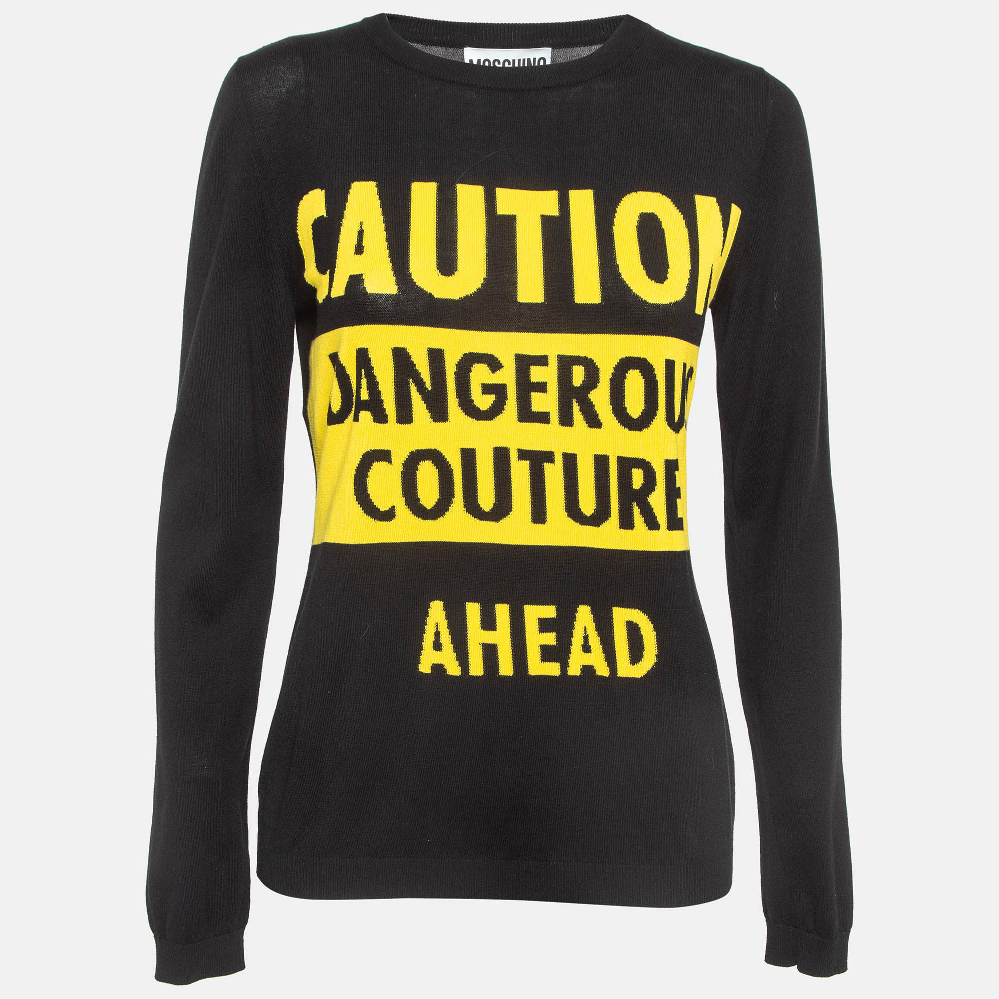 Pre-owned Moschino Couture Black Caution Print Cotton Sweatshirt M