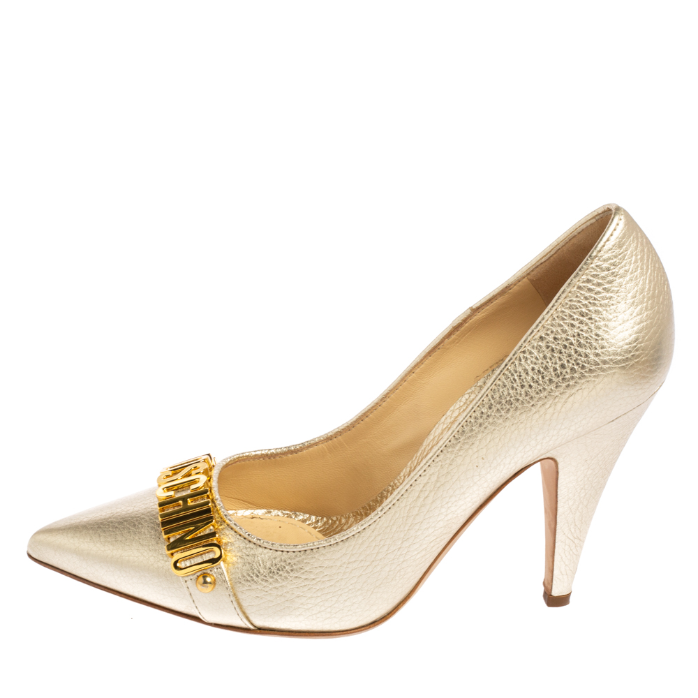 

Moschino Metallic Gold Leather Logo Pointed Toe Pumps Size