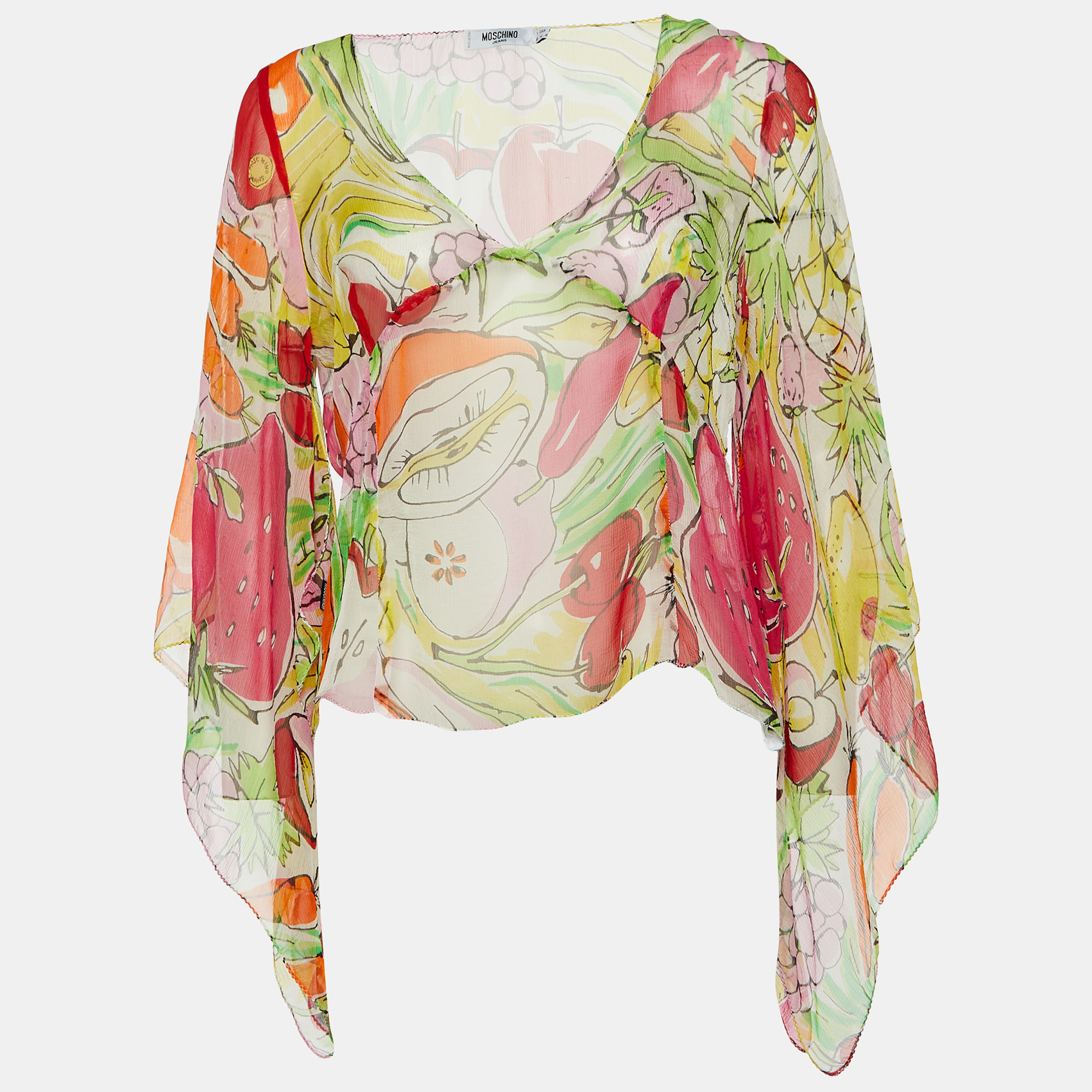 Pre-owned Moschino Jeans Multicolor Fruits Print Silk V-neck Blouse L