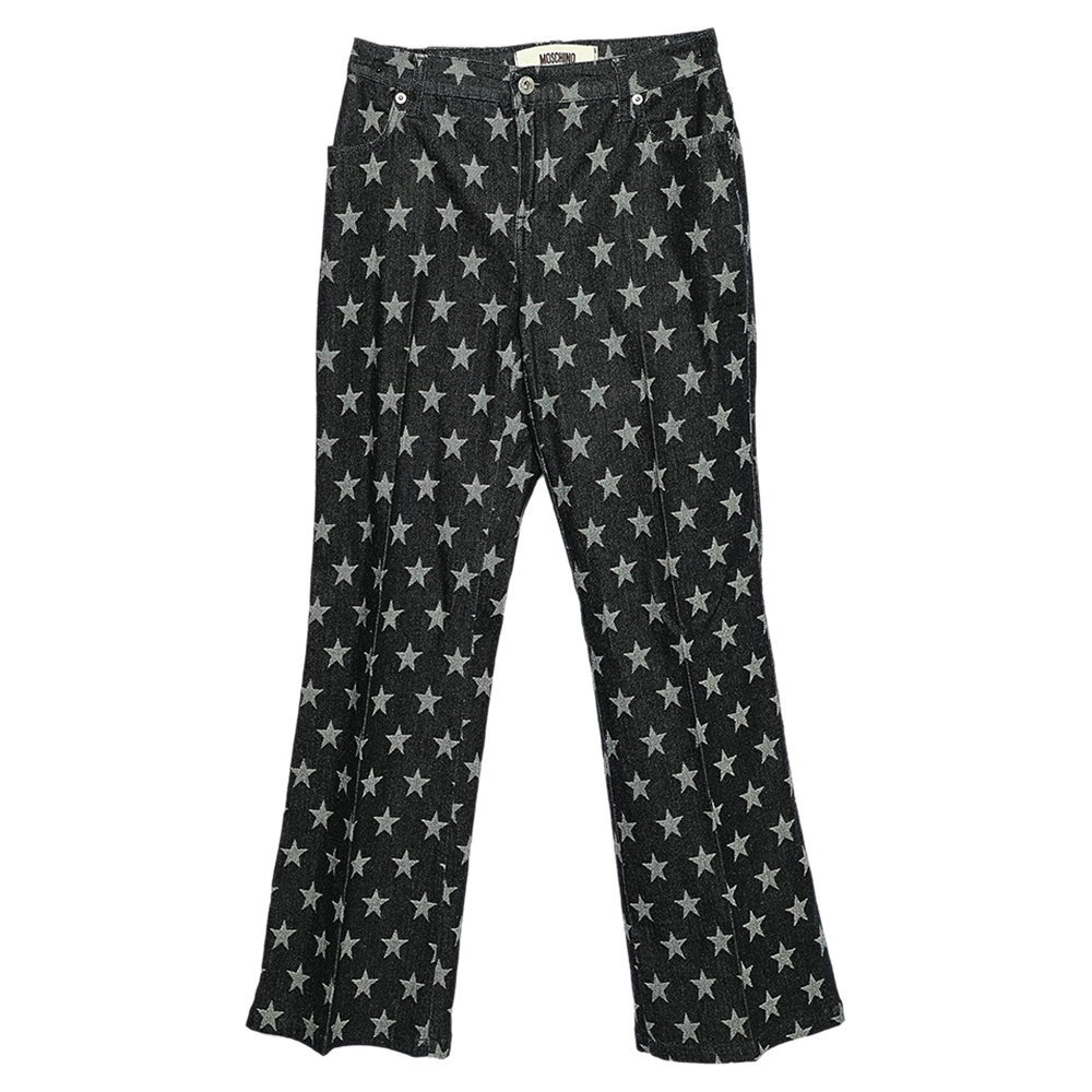 These jeans by Moschino Jeans are the perfect pair of trendy designer bottoms to add to your wardrobe. They are comfortable and up to date with the latest trends in fashion featuring a flared leg star motifs and a black shade of denim.
