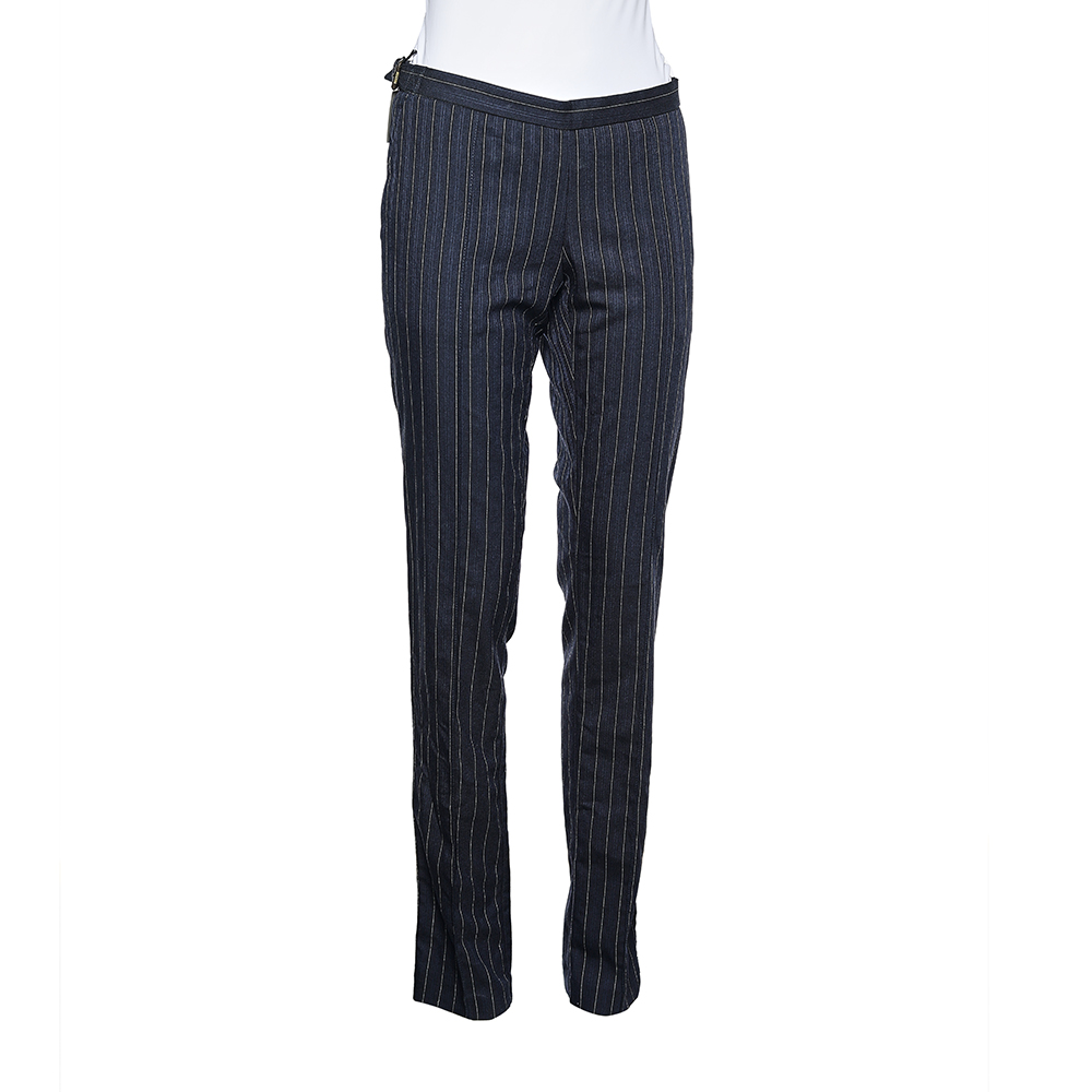 

Moschino Jeans Navy Blue Pinstriped Wool Blend Tapered Leg Trousers