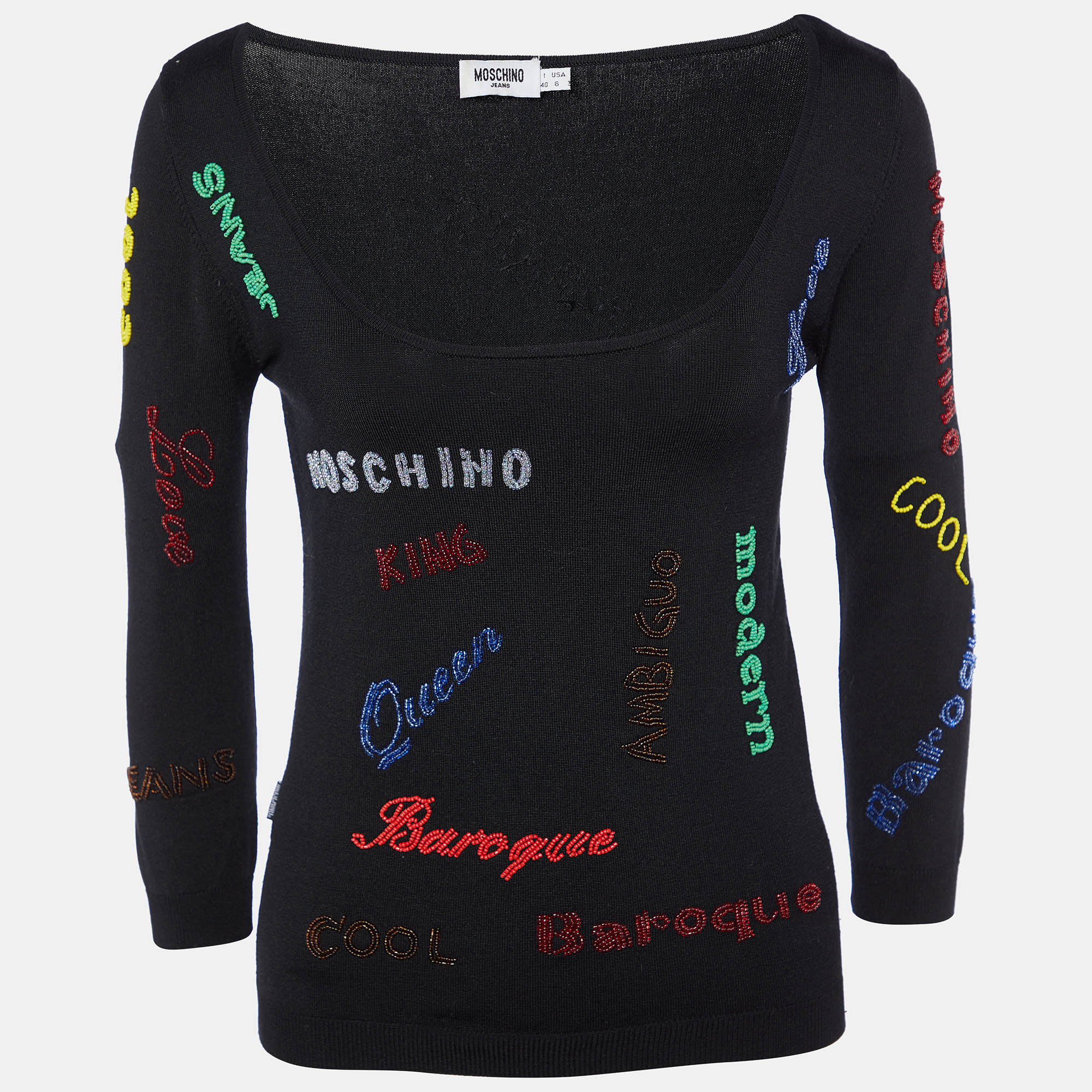 Pre-owned Moschino Jeans Black Embellished Silk Knit Round Neck Jumper S