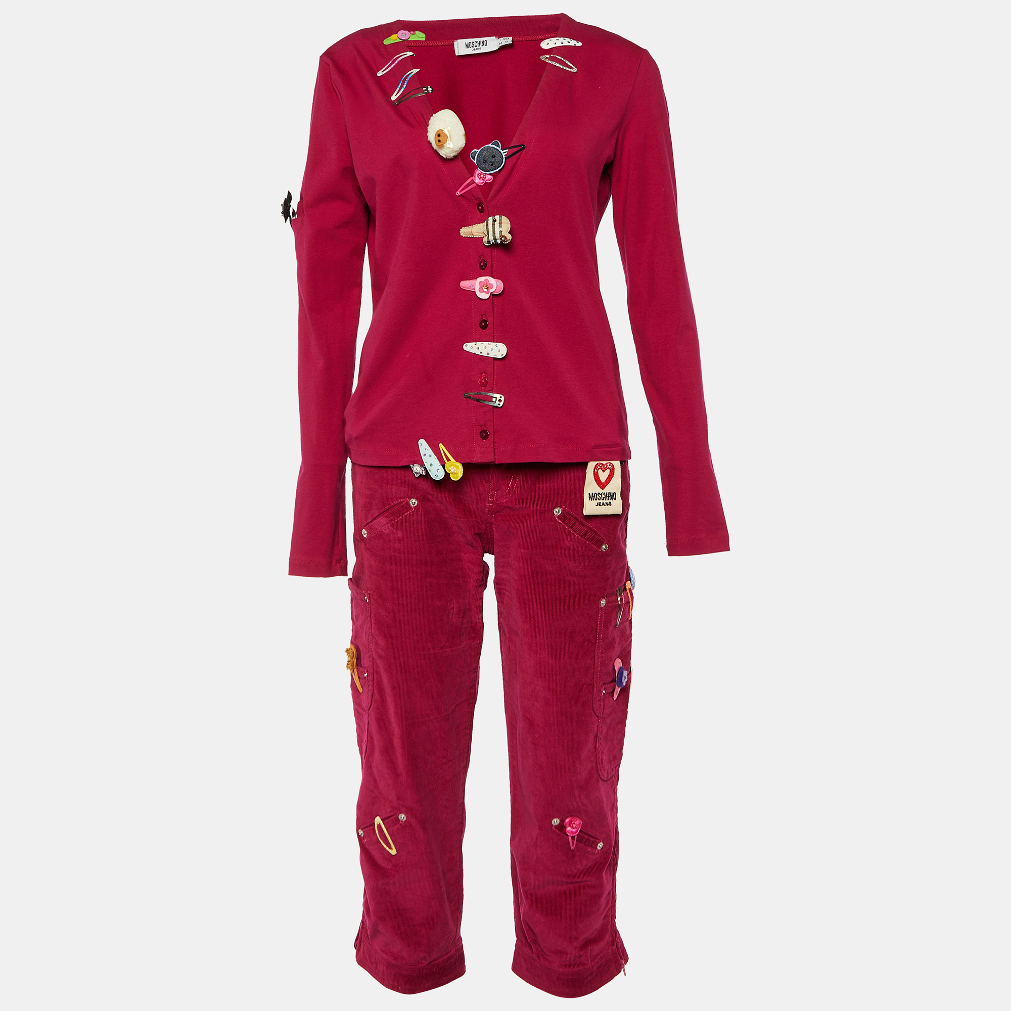 Pre-owned Moschino Jeans Magenta Clips Detail Cotton Knit Cardigan & Corduroy Capri Trousers M In Pink