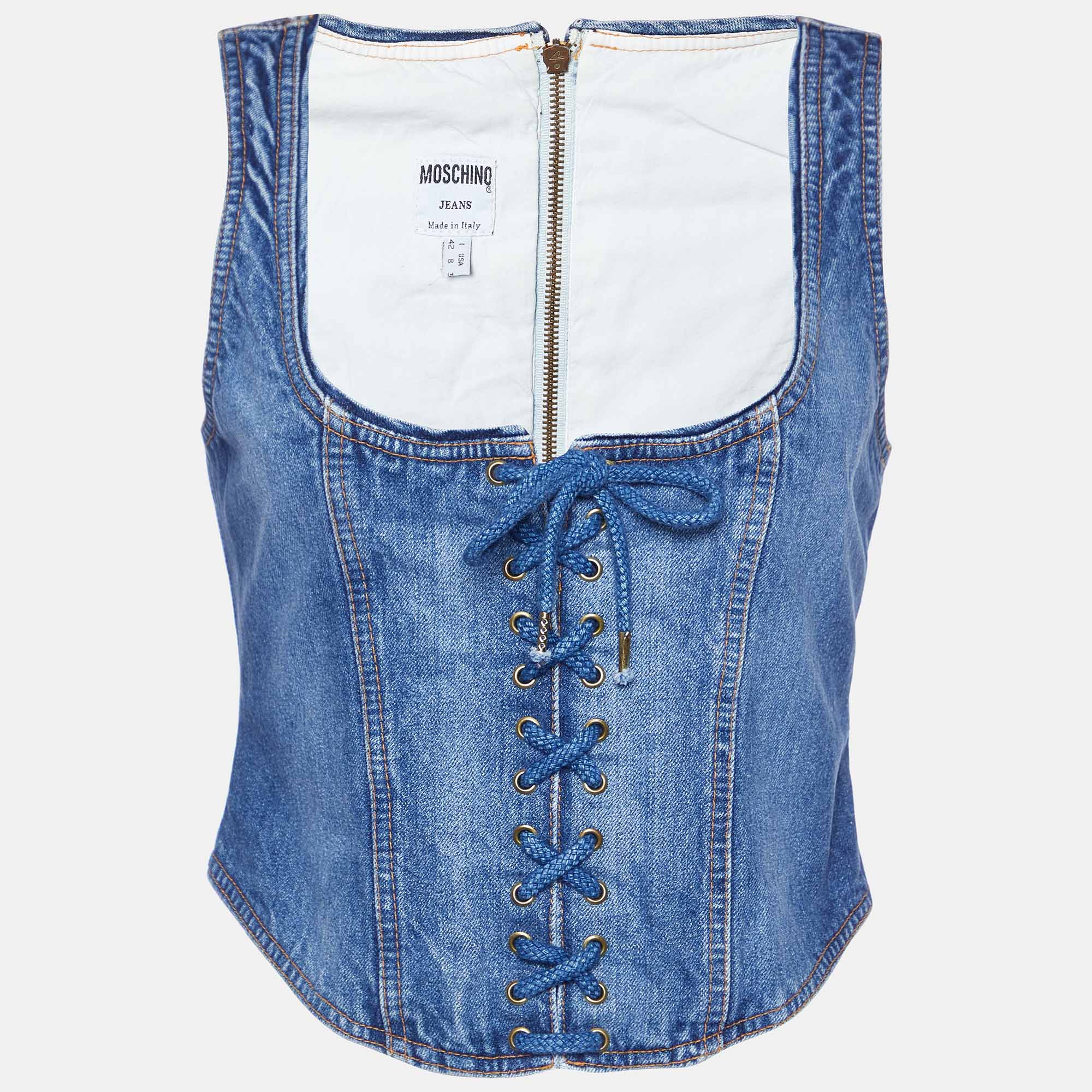 

Moschino Jeans Blue Denim Lace-Up Corset Top M