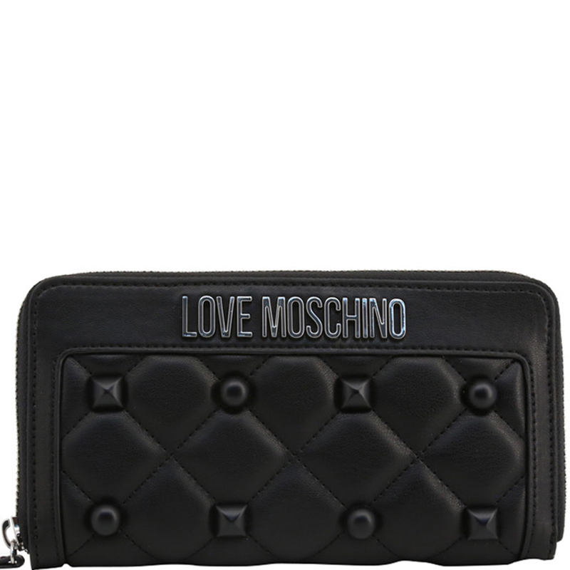 Love Moschino Black Quilted Faux Leather Studded Zip Around Wallet