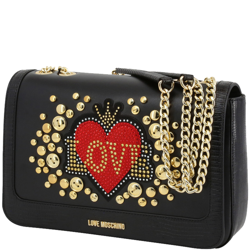 

Love Moschino Black Faux Leather Applique Chain Shoulder Bag