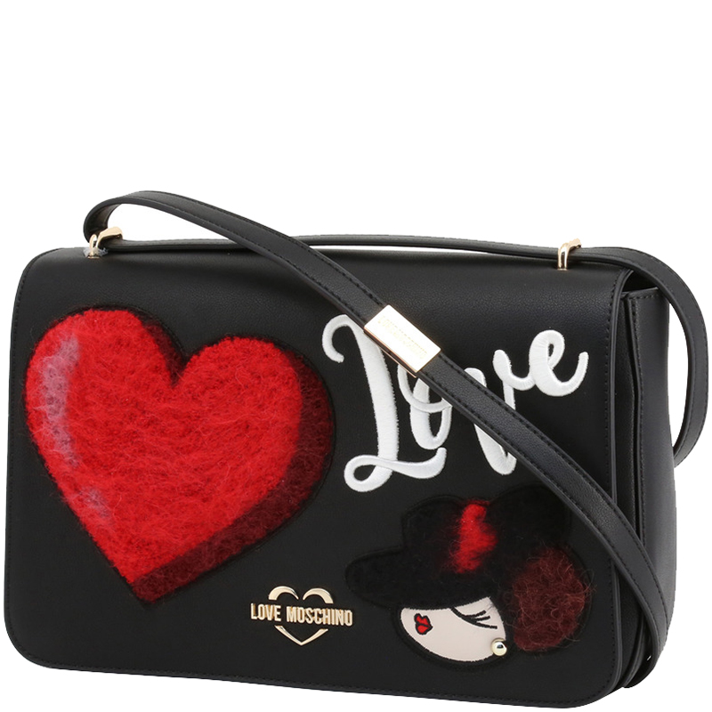 

Love Moschino Black Faux Leather Applique Shoulder Flap Bag