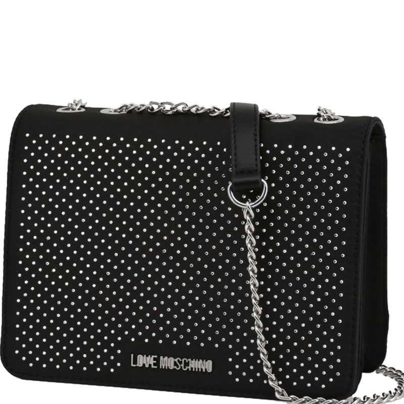 

Love Moschino Black Faux Fabric Heart Studded Chain Shoulder Bag