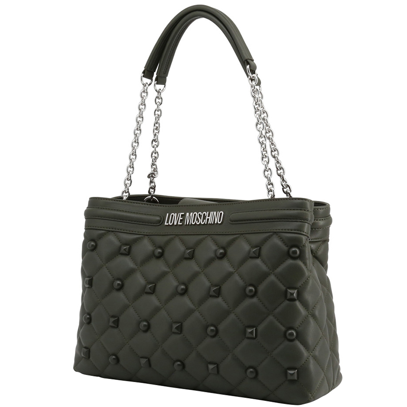 

Love Moschino Dark Green Quilted Faux Leather Studded Tote, Black
