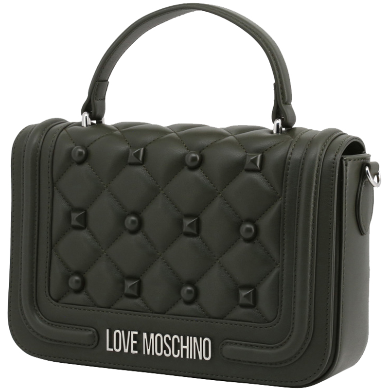 

Love Moschino Dark Green Quilted Faux Leather Studded Top Handle Bag