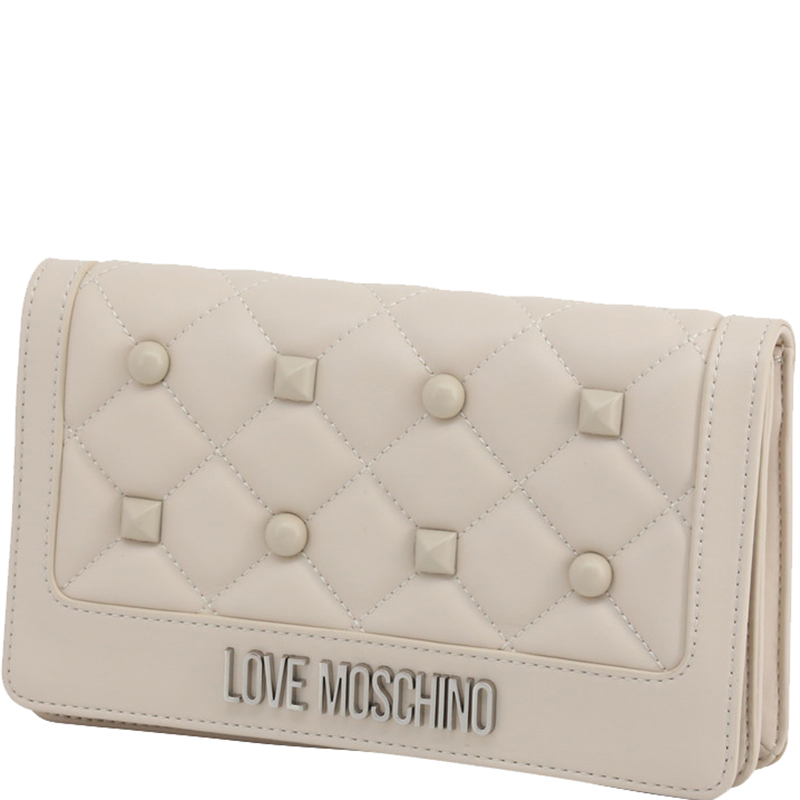 

Love Moschino White Quilted Faux Leather Studded Clutch Bag