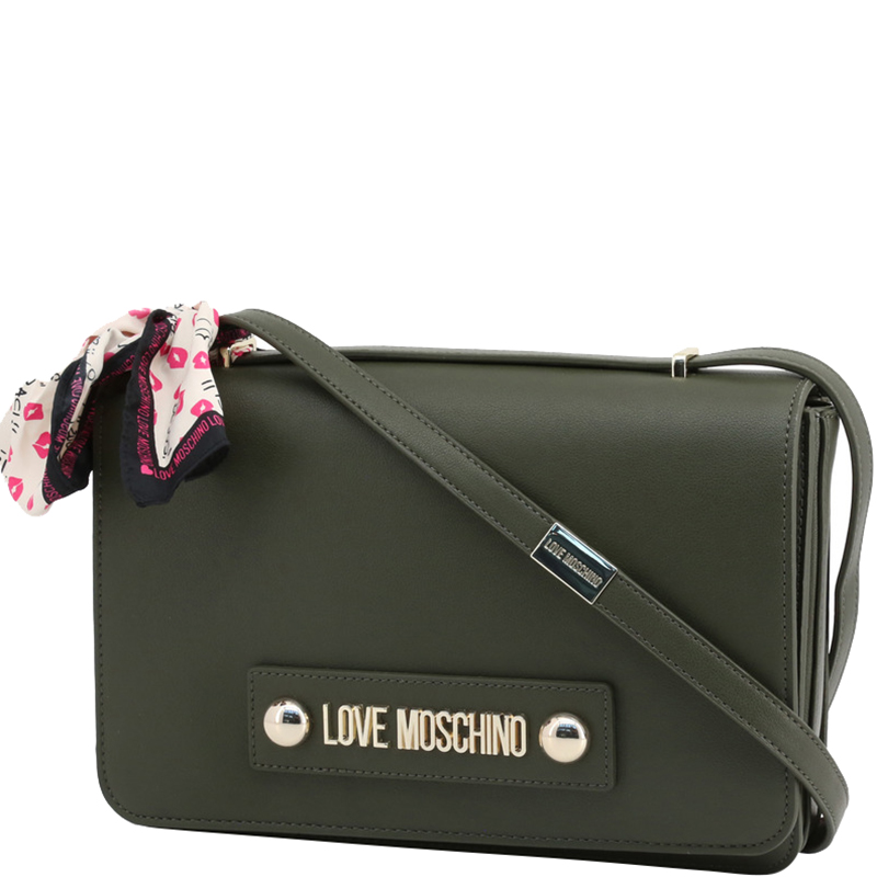 

Love Moschino Dark Green Faux Leather Scarf Flap Shoulder Bag