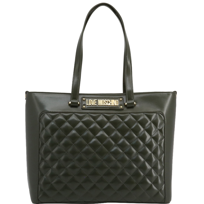 Pre Owned Love Moschino Dark Green Quilted Faux Leather Shopping Tote