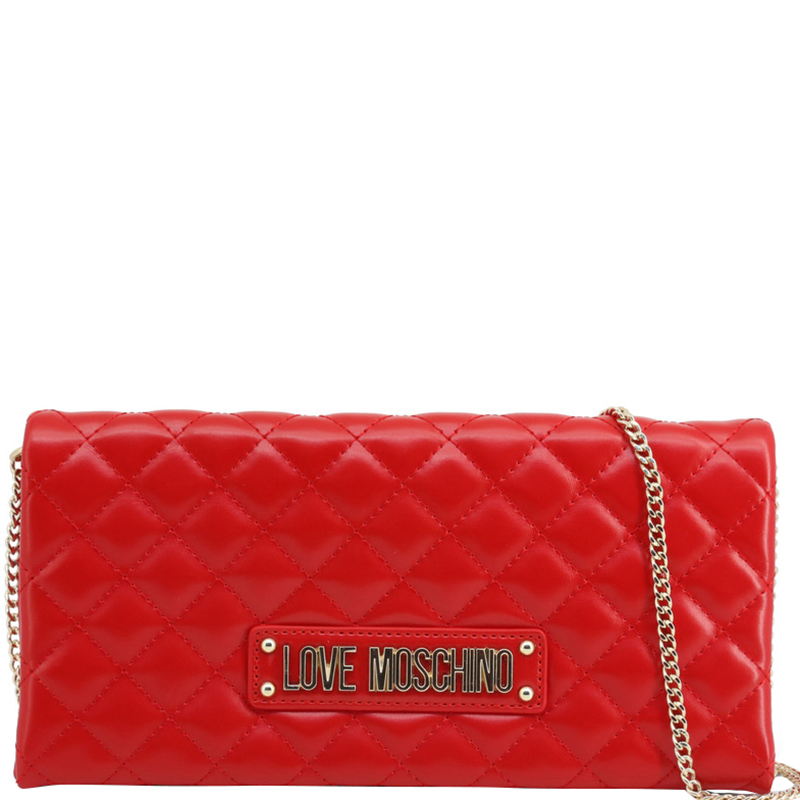 Pre Owned Love Moschino Red Quilted Faux Leather Clutch Bag