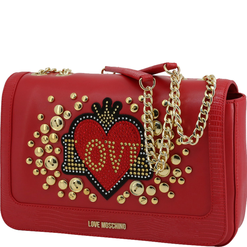 

Love Moschino Red Faux Leather Applique Chain Shoulder Bag