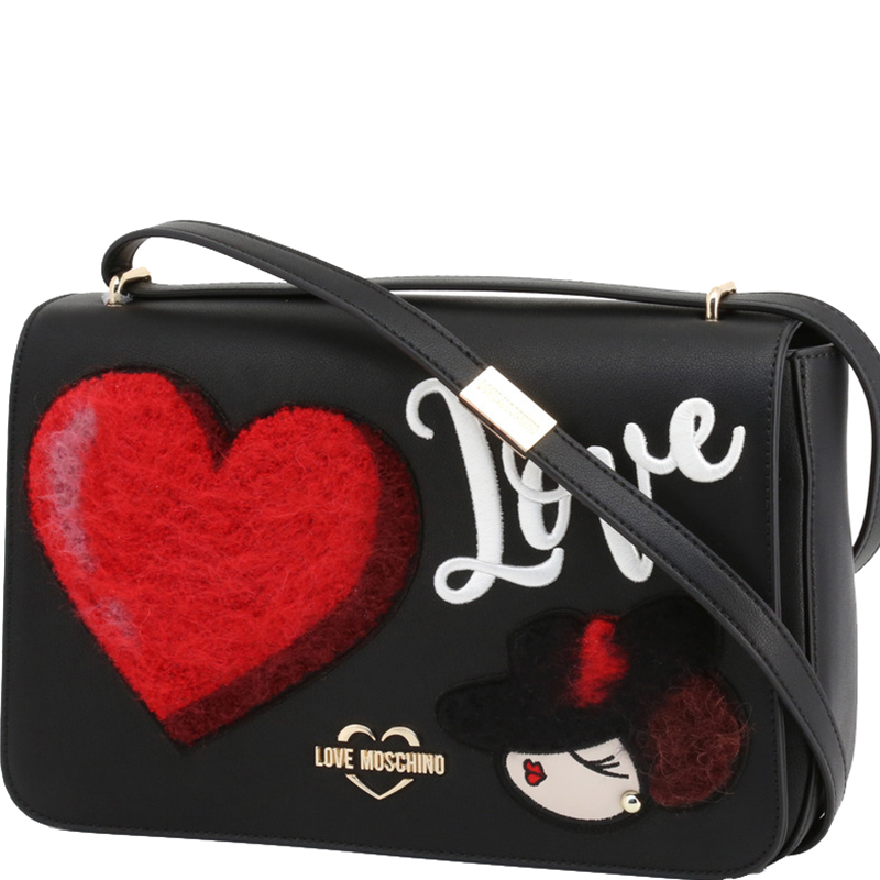 

Love Moschino Black Faux Leather Applique Shoulder Flap Bag