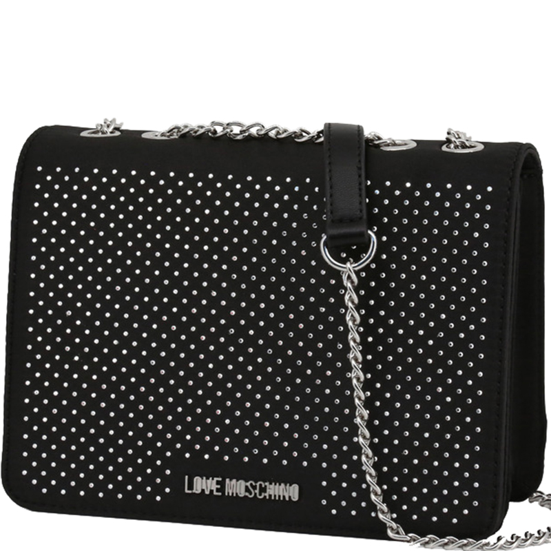 

Love Moschino Black Faux Fabric Heart Studded Chain Shoulder Bag