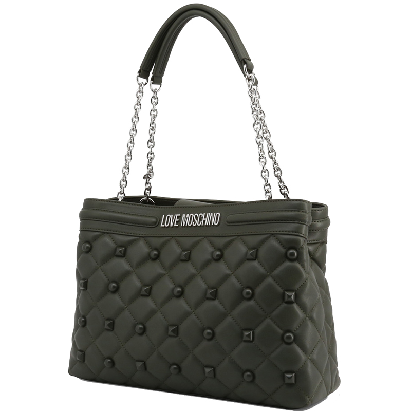 

Love Moschino Dark Green Quilted Faux Leather Studded Tote