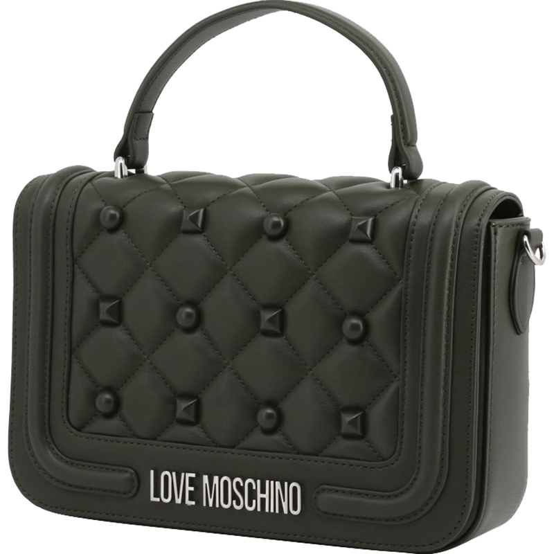 

Love Moschino Dark Green Quilted Faux Leather Studded Top Handle Bag