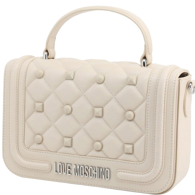 

Love Moschino White Quilted Faux Leather Studded Top Handle Bag