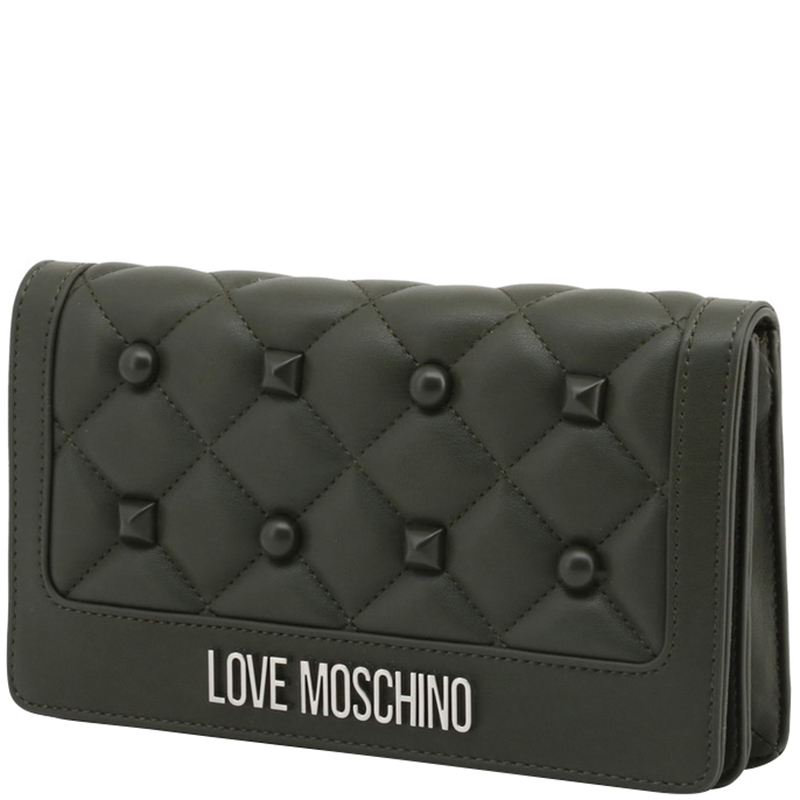 

Love Moschino Dark Green Quilted Faux Leather Studded Clutch Bag