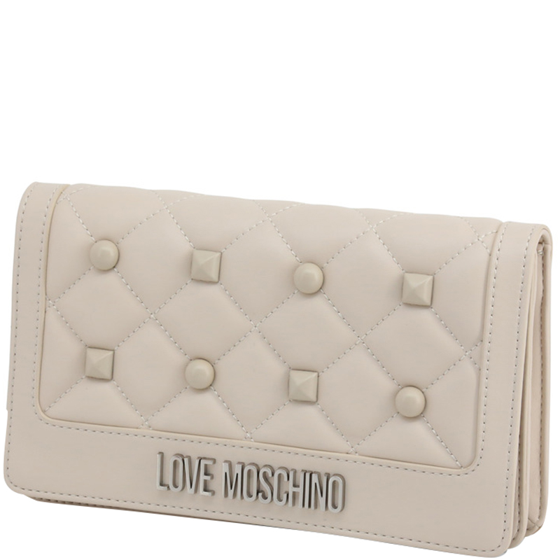 

Love Moschino White Quilted Faux Leather Studded Clutch Bag