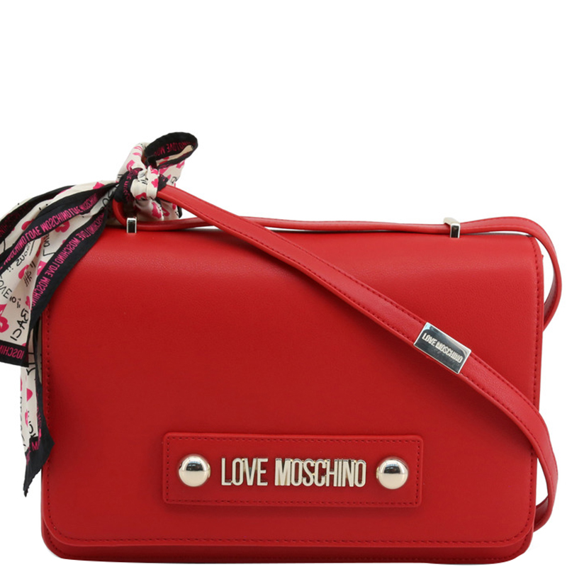 Love Moschino Red Faux Leather Scarf Flap Shoulder Bag