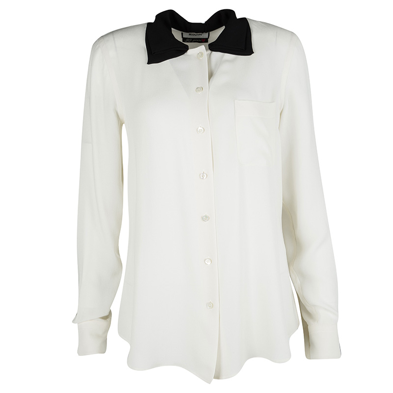Pre Owned Moschino Cream Silk Contrast Bow Collar Detail Long Sleeve Shirt M