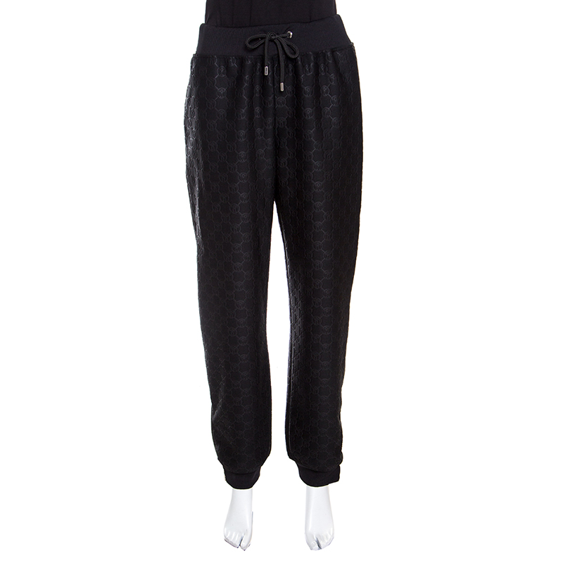 Pre Owned Moschino Couture Black Logo Embossed Jacquard Jogger Pants L