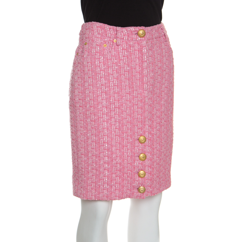 

Moschino Couture Pink Raffia and Boucle Tweed Pencil Skirt