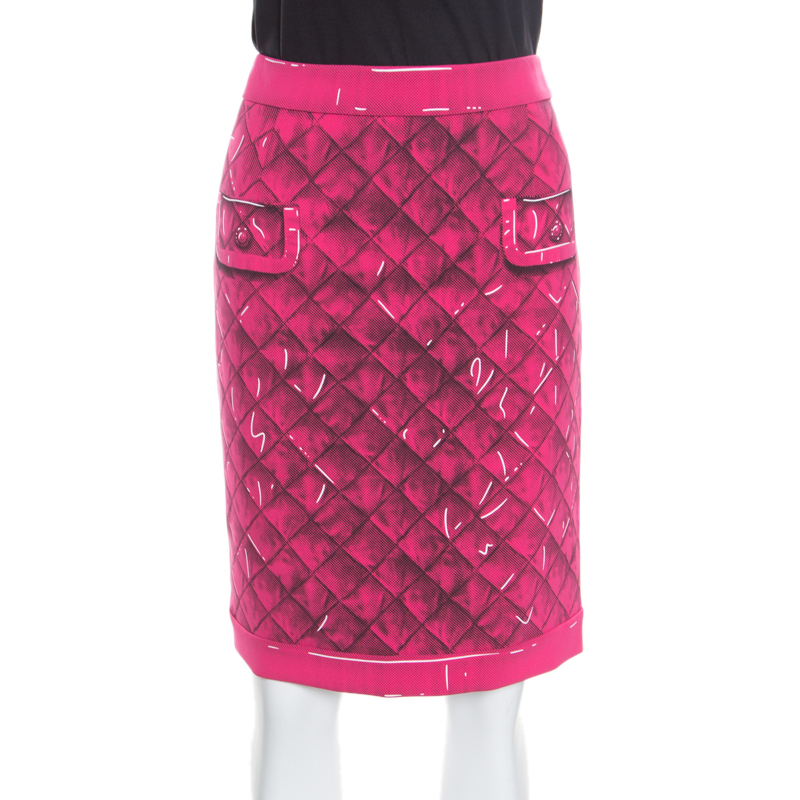 Pre Owned Moschino Couture Pink Trompe-L'oeil Printed Crepe Pencil Skirt M