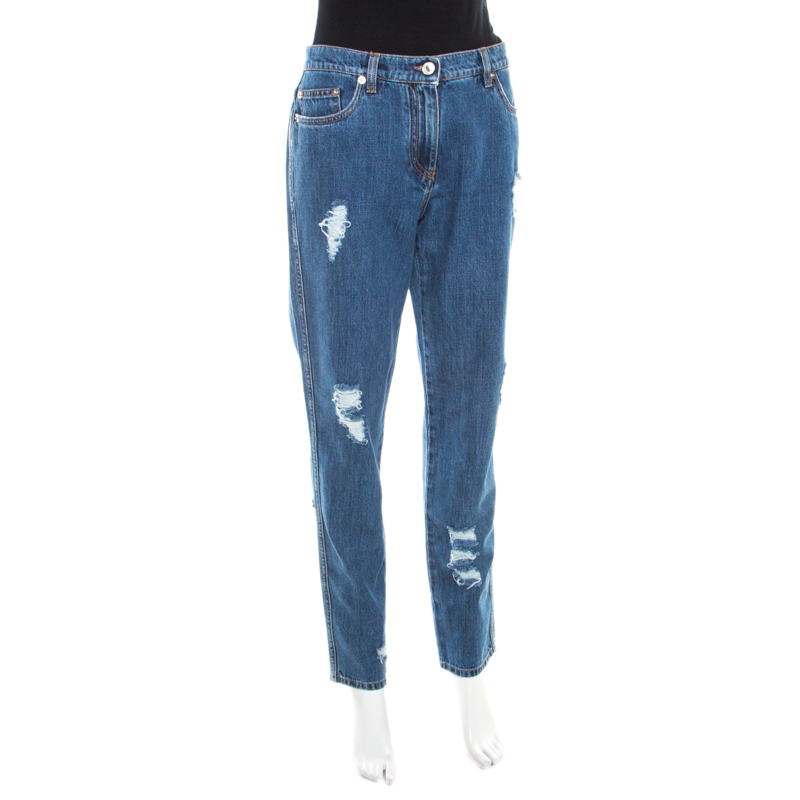 

Moschino Couture Indigo Distressed Denim High Rise Tapered Jeans, Blue