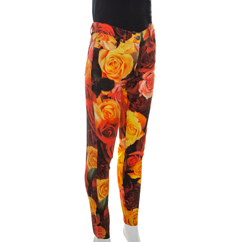 

Moschino Couture Red Floral Printed Cotton Tapered Pants