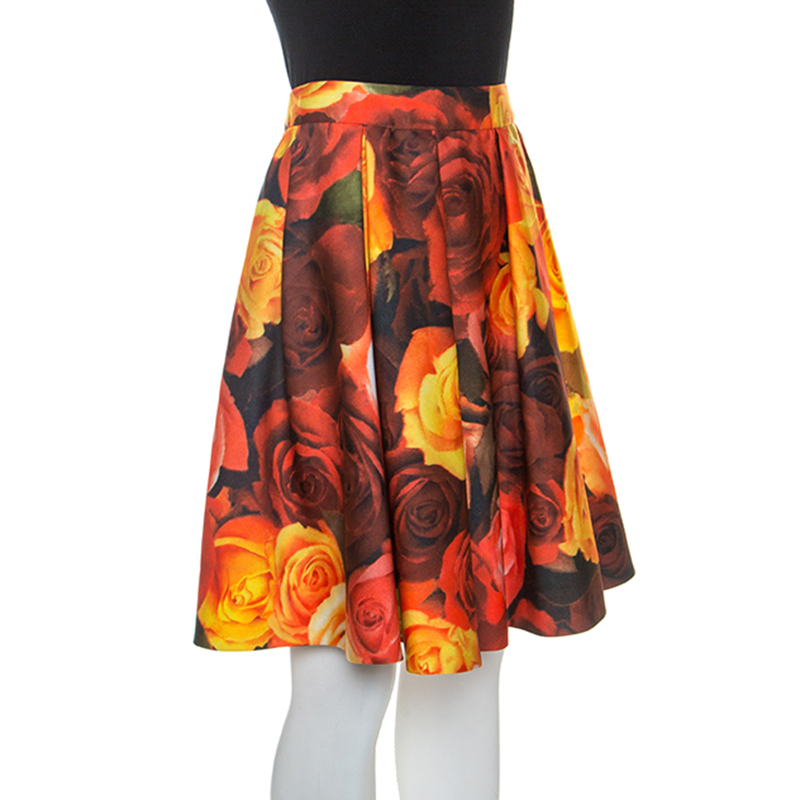 

Moschino Couture Red Floral Printed Sateen Pleated Skirt