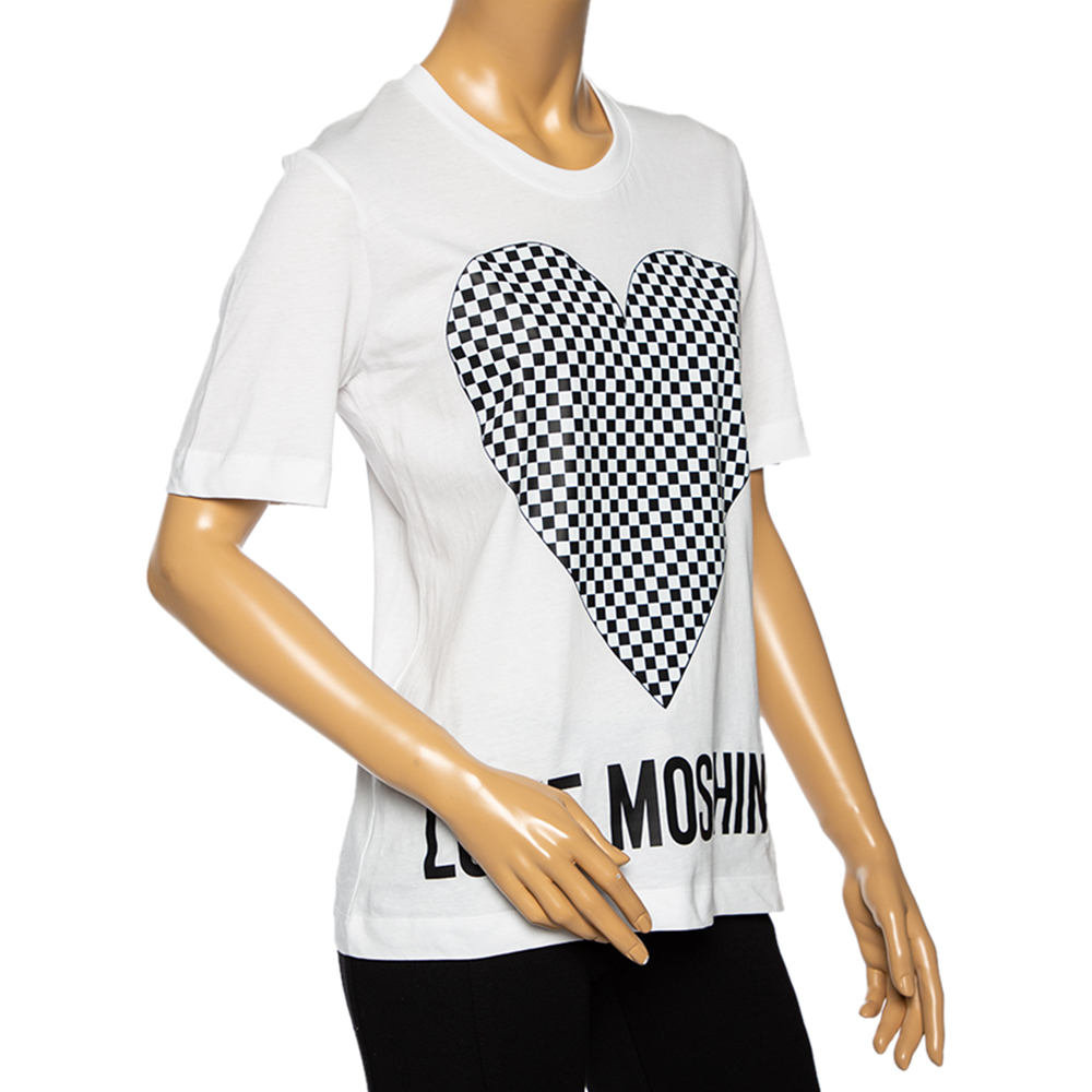 

Love Moschino White Cotton Checkered Heart Printed Crewneck T-Shirt