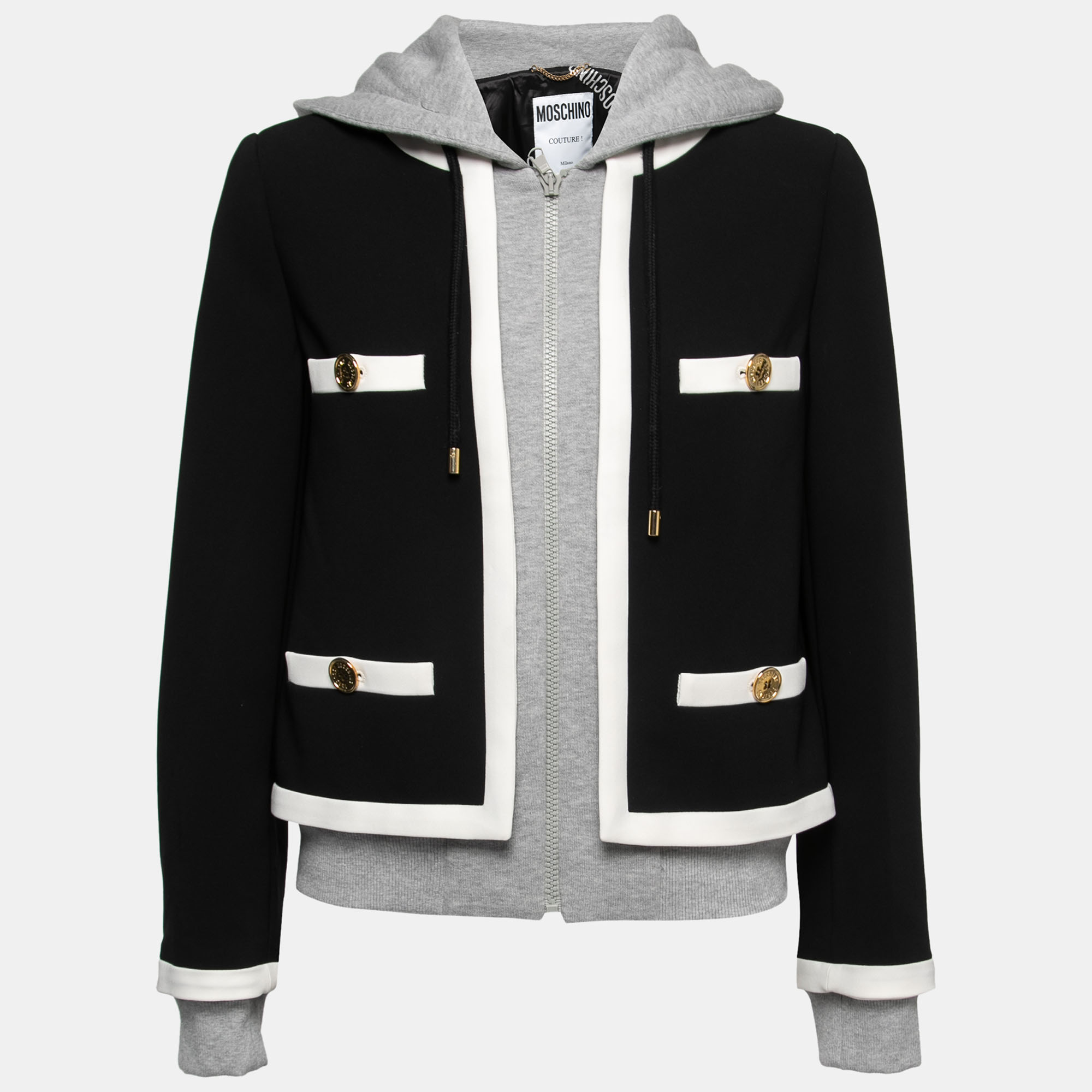 Pre Owned Moschino Couture Black Crepe Overlay Bomber Jacket M