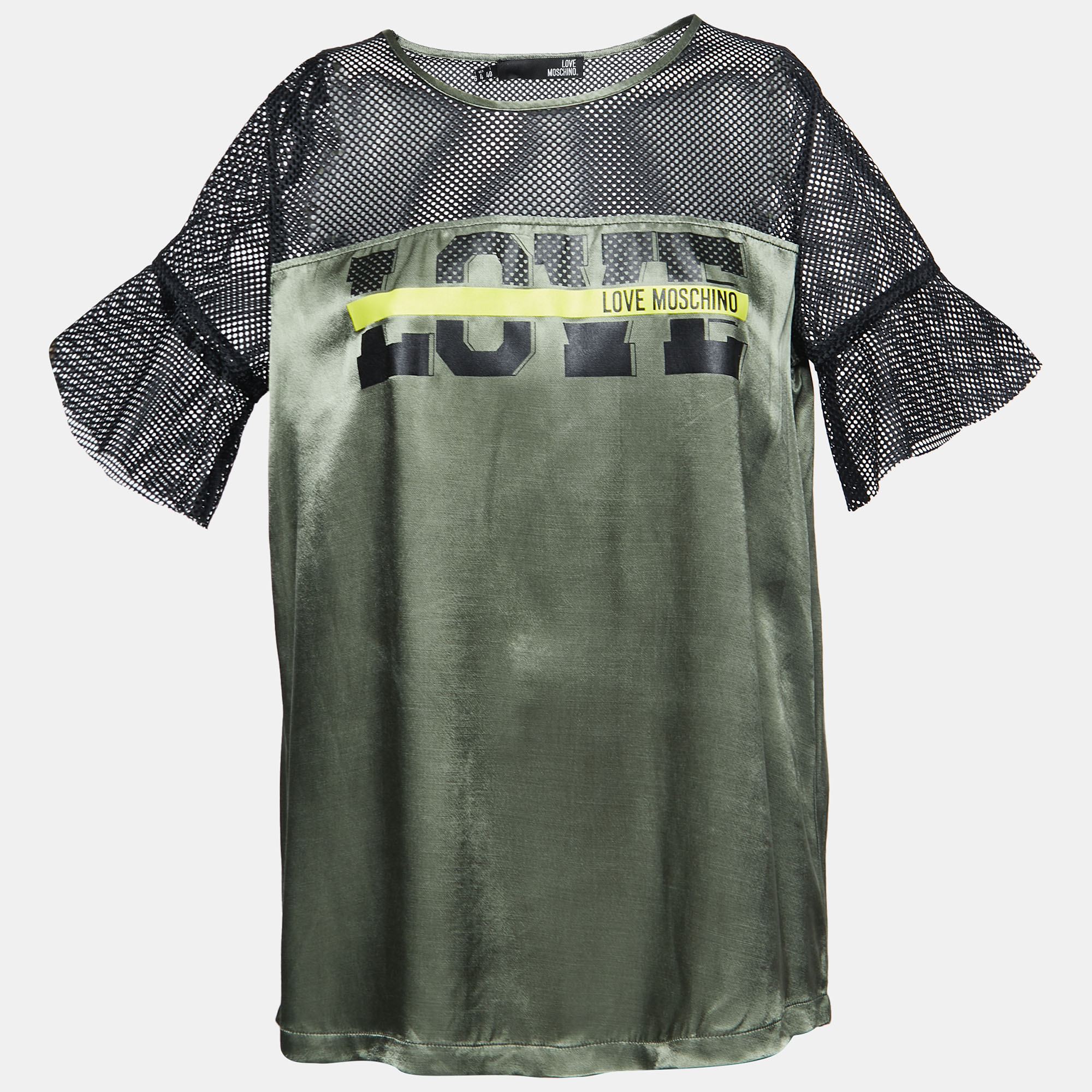 Pre-owned Moschino Love  Green/black Satin Blusa Mesh Sleeve T-shirt S