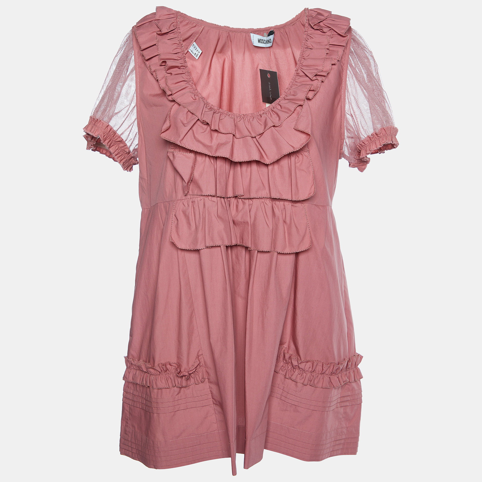 Pre-owned Moschino Pink Cotton Ruffle Detail Top L