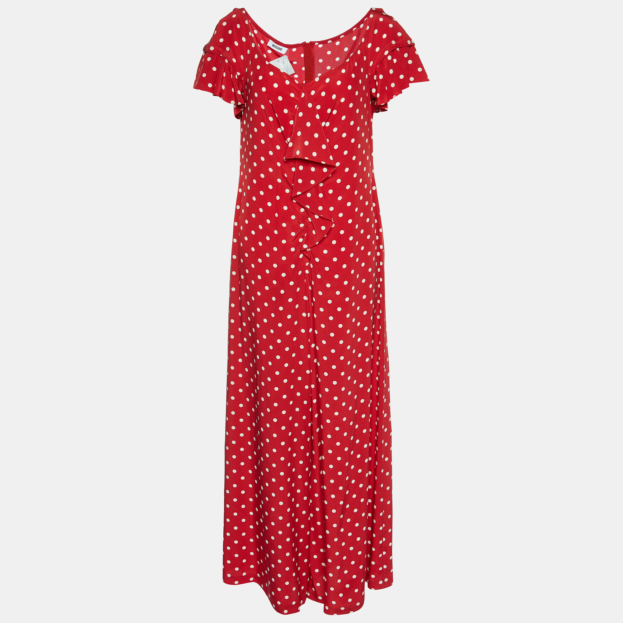 

Moschino Red Polka Dot Printed Silk Ruffle Detail Jumpsuit