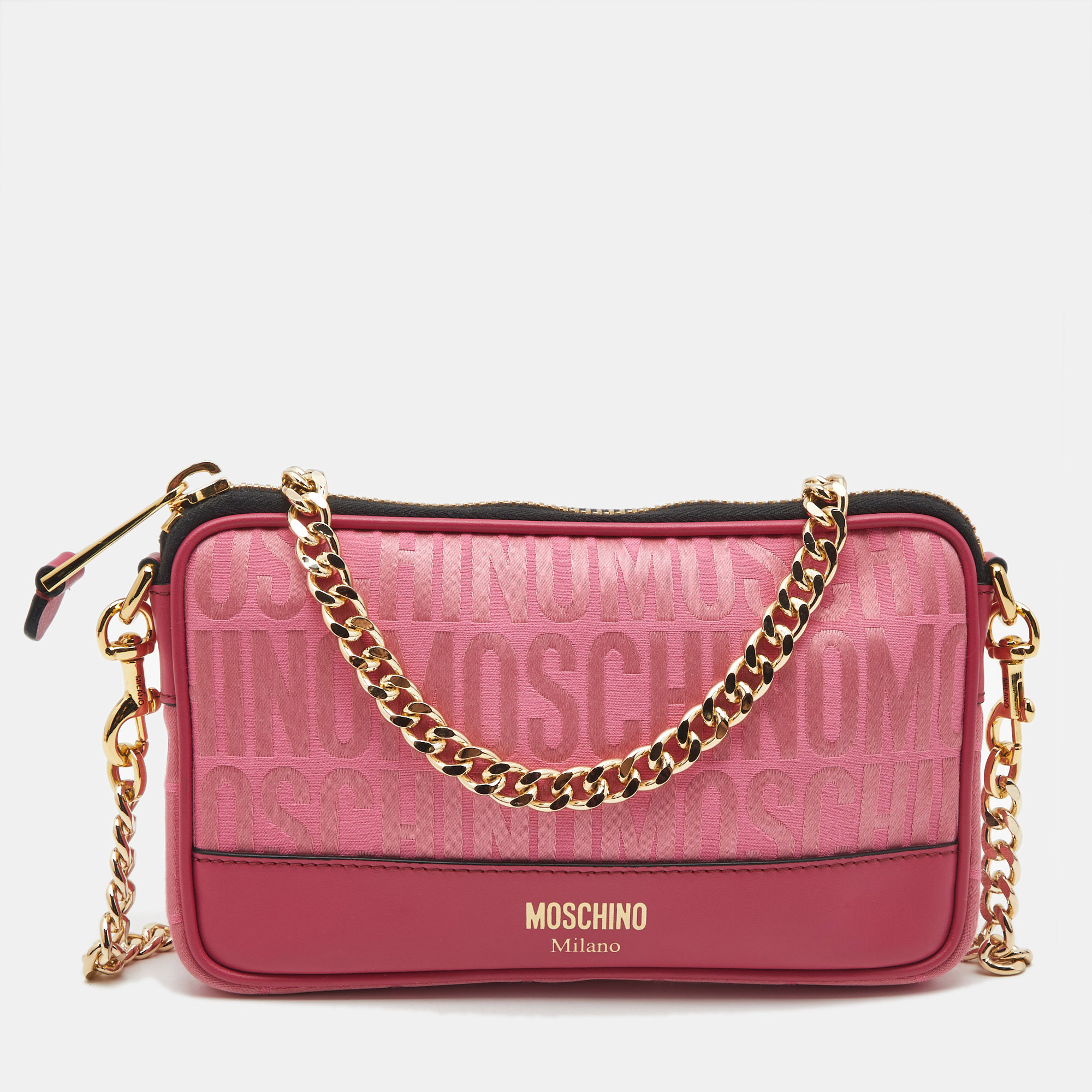 

Moschino Fuchsia Logo Jacquard Fabric Chain Clutch, Pink