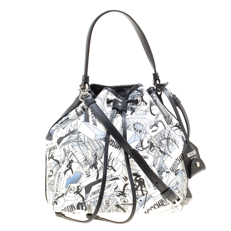 Moschino White Printed PVC Sketch Drawstring Hobo